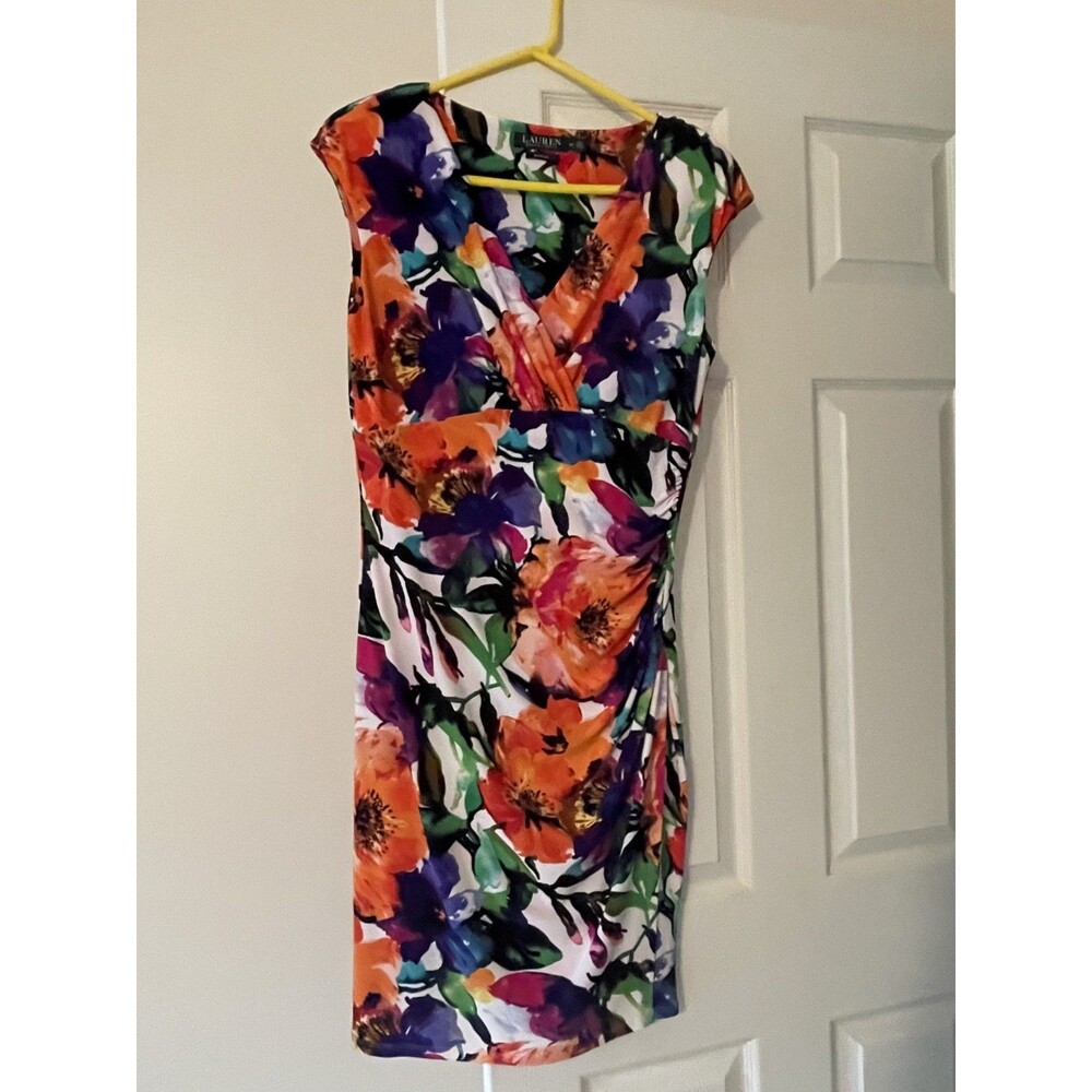 Lauren Ralph Lauren Sheath Dress Womens 12 multicolor Floral side Ruched
